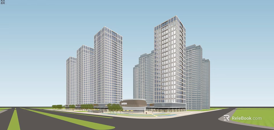 Modern High Rise Buildings Featuring Glass Facade And Urban Green Spaces 3d model 