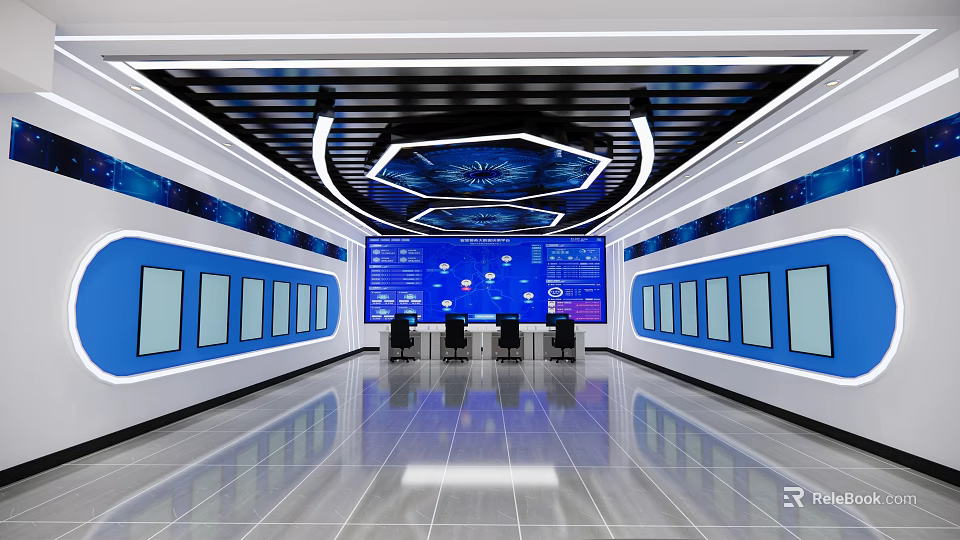 Modern Control Room Interior With Large Digital Screens Multiple Displays And High Tech Ceiling 3d model 