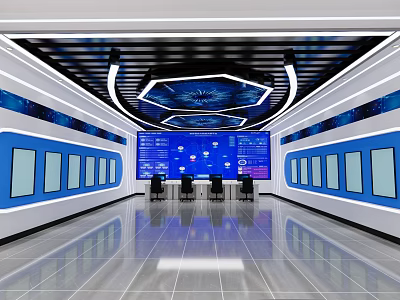 Modern Control Room Interior With Large Digital Screens Multiple Displays And High Tech Ceiling 3d model