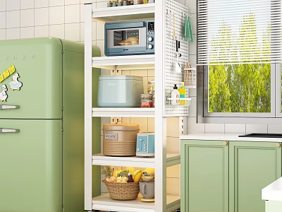 White Multi Tier Kitchen Storage Rack For Storing Microwave And Other Small Kitchen Gadgets 3d model