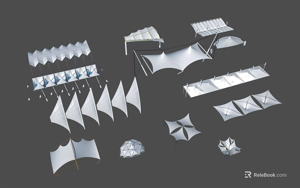 Various Tensile Membrane Structures With Modern White Designs And Different Shapes 3d model 