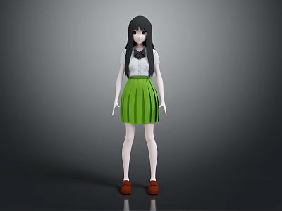 3D Character Girl With Long Black Hair White Shirt Green Pleated Skirt And Red Shoes 3d model