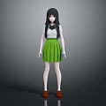 3D Character Girl With Long Black Hair White Shirt Green Pleated Skirt And Red Shoes