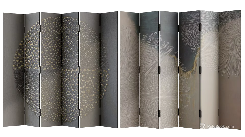 Modern Folding Screen Room Divider With Multiple Panels Gray Tones And Gold Textured Patterns 3d model 