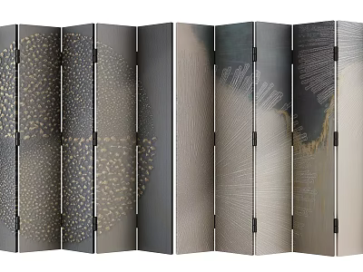 Modern Folding Screen Room Divider With Multiple Panels Gray Tones And Gold Textured Patterns 3d model