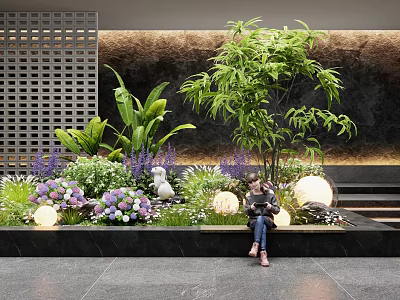 Charming Garden Ornamental Design With Green Plants Purple White Flowers And Round Lights 3d model