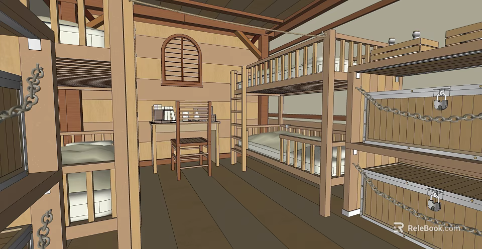 Wooden Bunk Beds Interior With Desk Chair Storage Drawers And Arched Window 3d model 