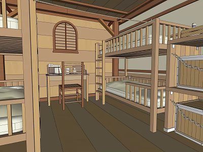 Wooden Bunk Beds Interior With Desk Chair Storage Drawers And Arched Window 3d model