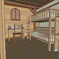 Wooden Bunk Beds Interior With Desk Chair Storage Drawers And Arched Window