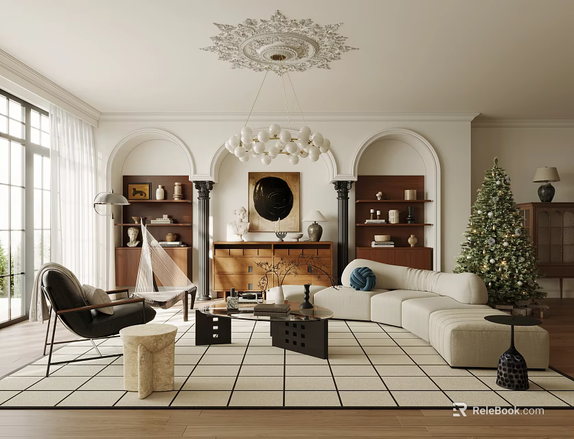Elegant Living Room Interior With Ornate Ceiling Chandelier Arched Windows Light Sofa And Christmas Tree 3d model 