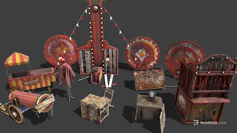 Vintage Amusement Equipment With Old Fashioned Carousel Parts Game Booths And Metal Decorations 3d model 