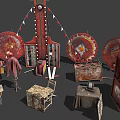 Vintage Amusement Equipment With Old Fashioned Carousel Parts Game Booths And Metal Decorations