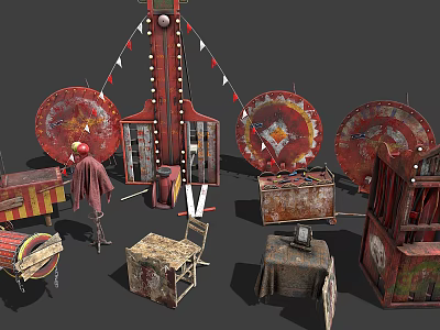 Vintage Amusement Equipment With Old Fashioned Carousel Parts Game Booths And Metal Decorations 3d model