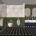 Elegant Modern Bathroom Interior With Green Walls Black White Floor Tiles And Marble Vanity