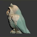 Owl Sculpture With Blue Green Feathers And Yellow Eyes Clutching Branch On Dark Background