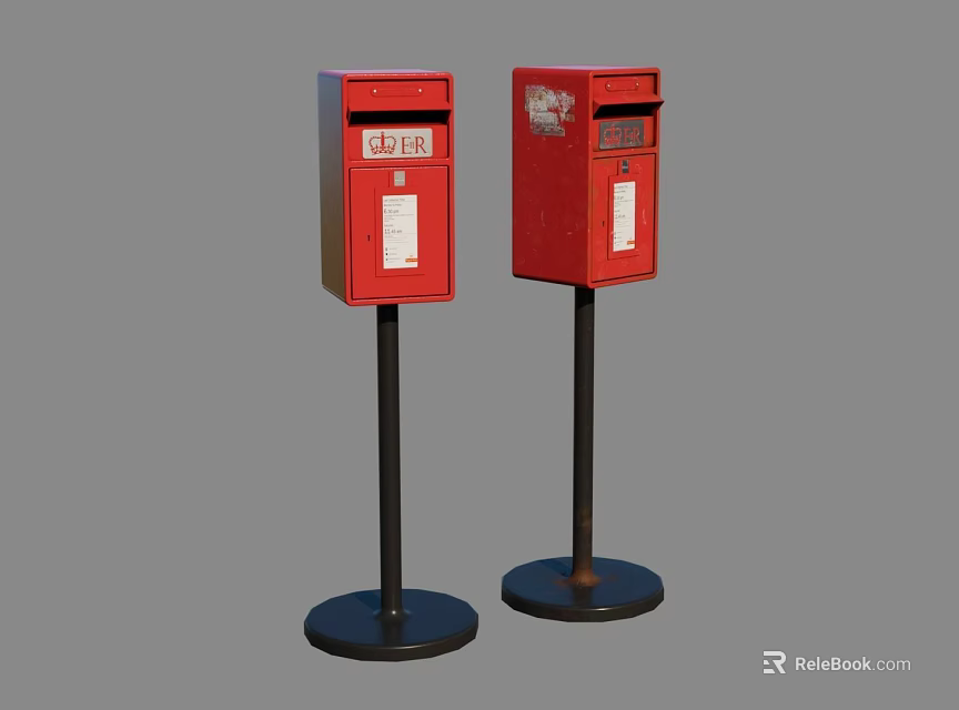Two Red Fire Equipment With Black Bases Poles And White Labels 3d model