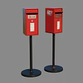 Two Red Fire Equipment With Black Bases Poles And White Labels 3d model