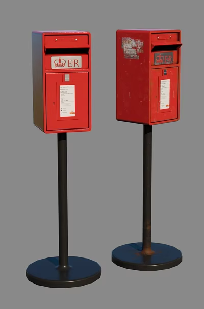 Two Red Fire Equipment With Black Bases Poles And White Labels 3d model
