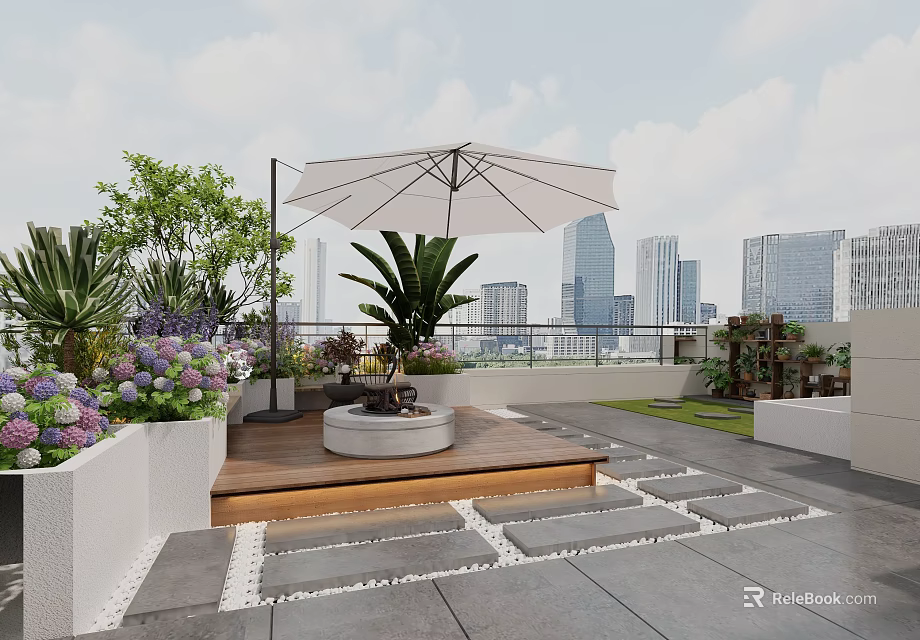 Rooftop Villa Balcony With White Umbrella Green Plants Wooden Deck And City Skyline 3d model 