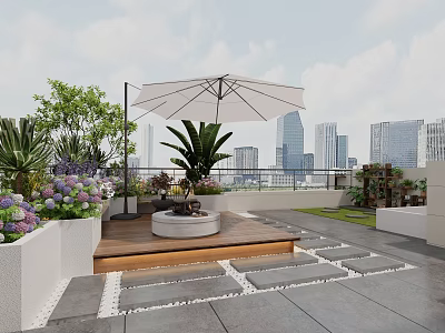 Rooftop Villa Balcony With White Umbrella Green Plants Wooden Deck And City Skyline 3d model