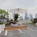 Rooftop Villa Balcony With White Umbrella Green Plants Wooden Deck And City Skyline