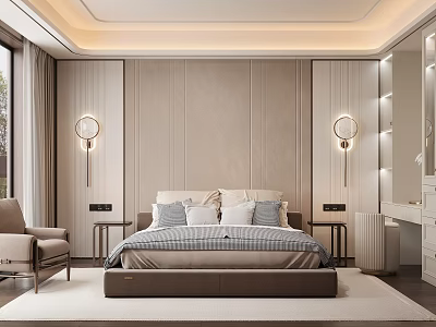 Elegant Modern Bedroom Interior With Beige Wall Paneling Round Wall Lamps And Accent Chair 3d model