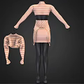 Orange And White Striped Outfit With High Neck Long Sleeve Top Short Skirt And Stockings