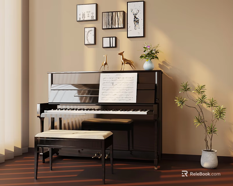 Black Piano Interior With Music Sheet Bench Flower Vase And Green Plant On Wooden Floor 3d model 