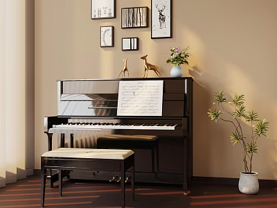 Black Piano Interior With Music Sheet Bench Flower Vase And Green Plant On Wooden Floor 3d model