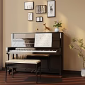 Black Piano Interior With Music Sheet Bench Flower Vase And Green Plant On Wooden Floor
