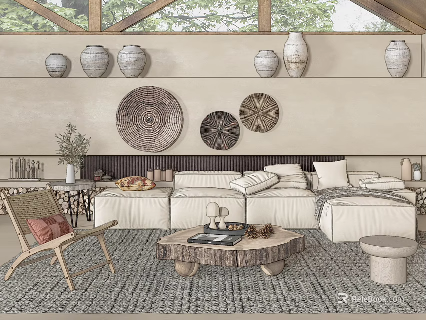 Sofa And Coffee Table Set In Natural Living Room With Decorative Jars And Woven Rug 3d model 