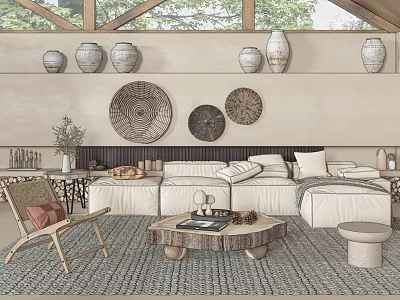 Sofa And Coffee Table Set In Natural Living Room With Decorative Jars And Woven Rug 3d model