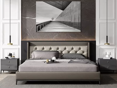 Elegant Modern Bedroom Interior With Background Double Bed Grey Headboard Nightstands And Pendant Lights 3d model