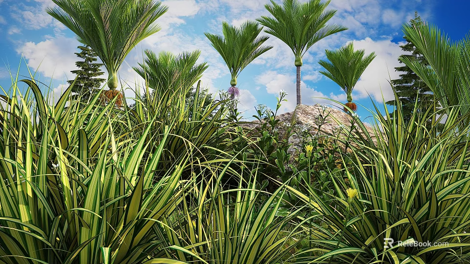 Lush Green Plants And Grasses With Tall Palm Trees Blue Sky White Clouds And Purple Flowers 3d model 