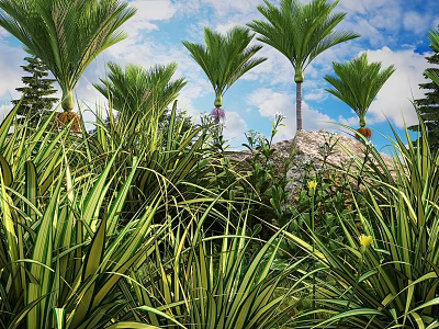 Lush Green Plants And Grasses With Tall Palm Trees Blue Sky White Clouds And Purple Flowers 3d model