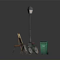Wooden Outdoor Chair With Small Chalkboard Green Trash Bin And Lamp Post