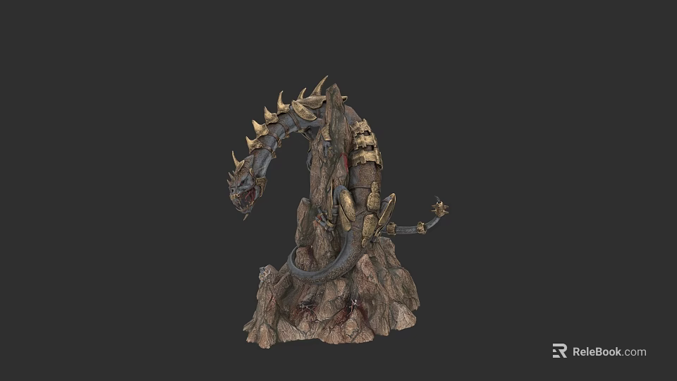 Dragon Like Reptile Statue With Spikes Scales And Rock Base 3d model 