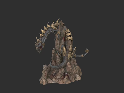Dragon Like Reptile Statue With Spikes Scales And Rock Base 3d model