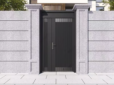 Modern Black Metal Gate With Vertical Slats Gray Stone Walls And Decorative Pillars 3d model
