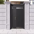 Modern Black Metal Gate With Vertical Slats Gray Stone Walls And Decorative Pillars