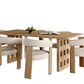 Modern Wooden Dining Table And Six Chairs With White Seats Green Fruit And Open Book
