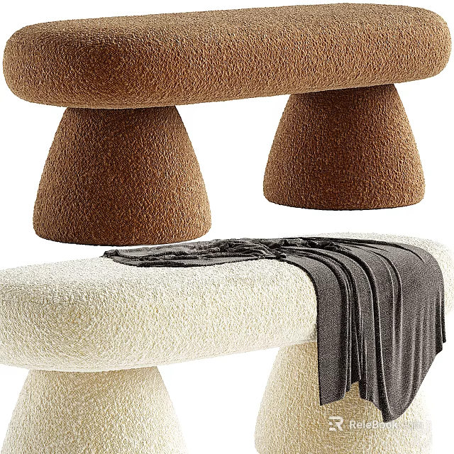 Cozy Fluffy Fabric Sofa Bench With Brown Cream Cone Shaped Legs And Draped Blanket 3d model 