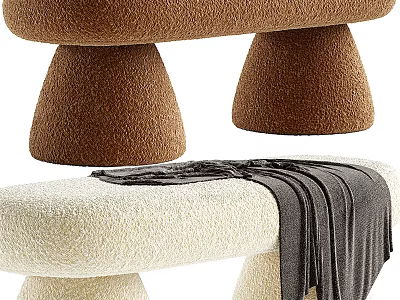 Cozy Fluffy Fabric Sofa Bench With Brown Cream Cone Shaped Legs And Draped Blanket 3d model