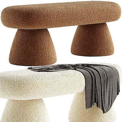 Cozy Fluffy Fabric Sofa Bench With Brown Cream Cone Shaped Legs And Draped Blanket 3d model