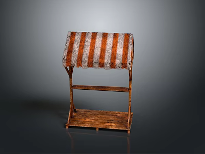 Wooden Outdoor Stall Structure With Orange And White Striped Awning And Shelves 3d model