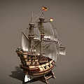 Ancient Wooden Sailing Ship With Multiple Masts White Sails And Flags