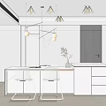 Modern Restaurant Interior With White Cabinets Marble Countertops Dining Table Metal Chairs And Pendant Lights