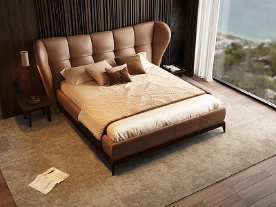 Double Bed With Leather Headboard Beige Bedding And Sea View Through Floor to Ceiling Window 3d model