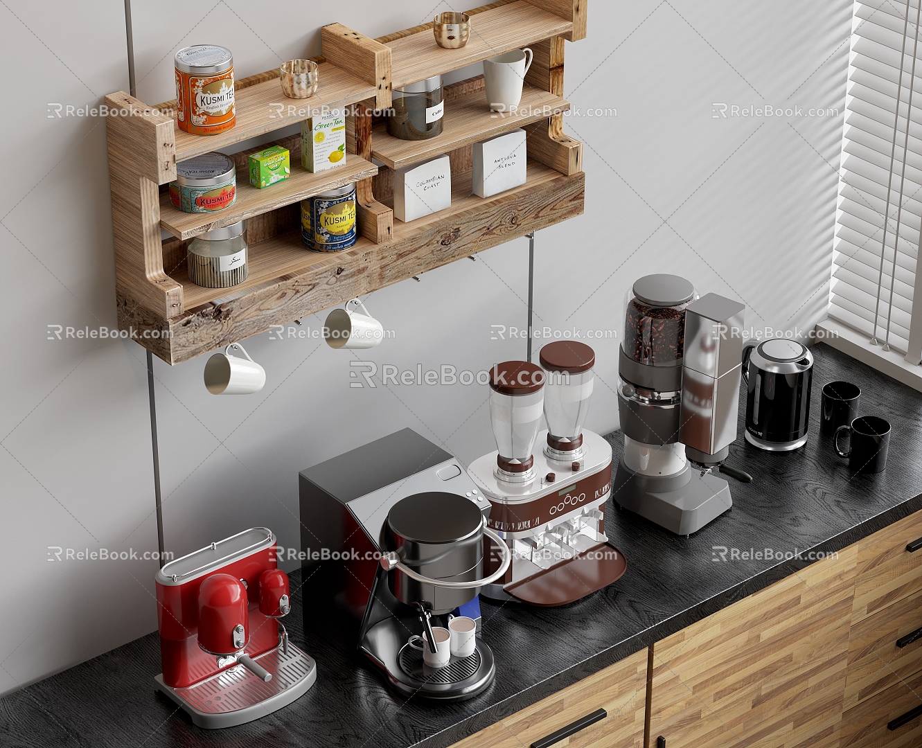 Coffee Machine Bean Grinder Straight Drink Machine Pot Kettle Cup Coffee Cup Coffee Bean Tea Bag Kitchen Supplies Solid Wood Cabinet Solid Wood Storage Rack 3d model