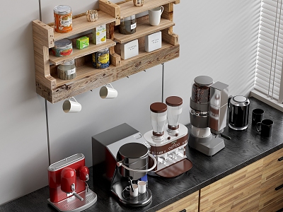 Coffee Machine Bean Grinder Straight Drink Machine Pot Kettle Cup Coffee Cup Coffee Bean Tea Bag Kitchen Supplies Solid Wood Cabinet Solid Wood Storage Rack 3d model